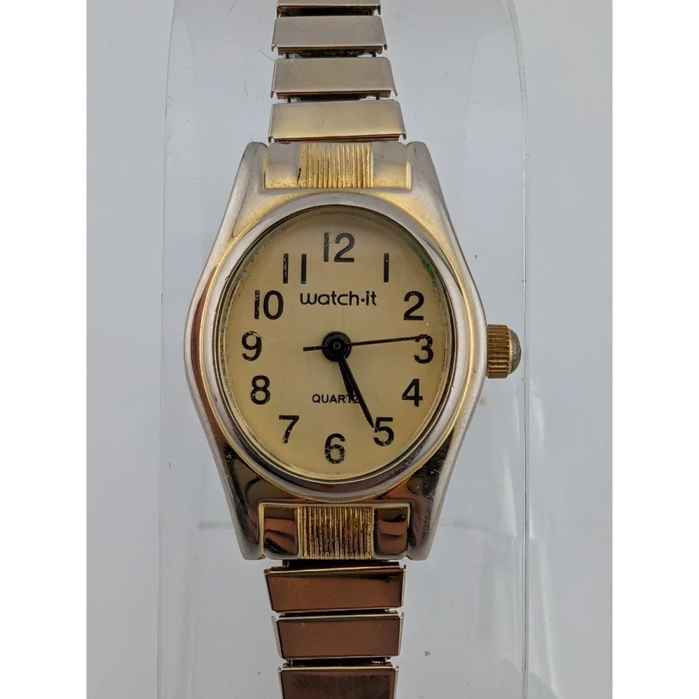 Vintage Watch-It Watch Women 18mm Case Gold‎ Stretch Band- New Battery